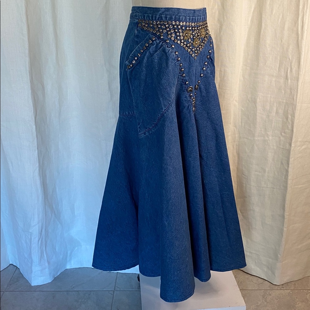 Vintage Denim Floral Beaded Embellished Skirt - Picture 5 of 10
